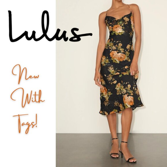 Lulus Dress I Small I Black Orange Floral I Petal Prowess Lace-Up Cowl Midi NWT - Picture 1 of 10